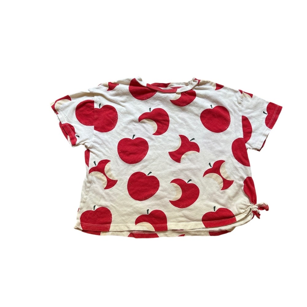 Zara T-Shirt Kids Cream Red Apple Print Side Tie Knot Top SIZE 8
